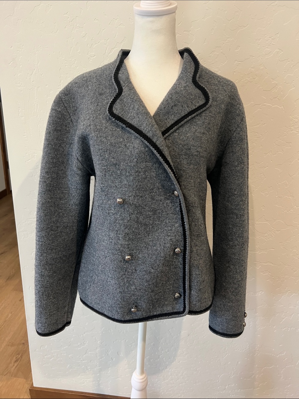 Vtg 90s Lands' End Boiled Wool Tyrolean Alpine Jacket Gray Made in Austria Sz 10